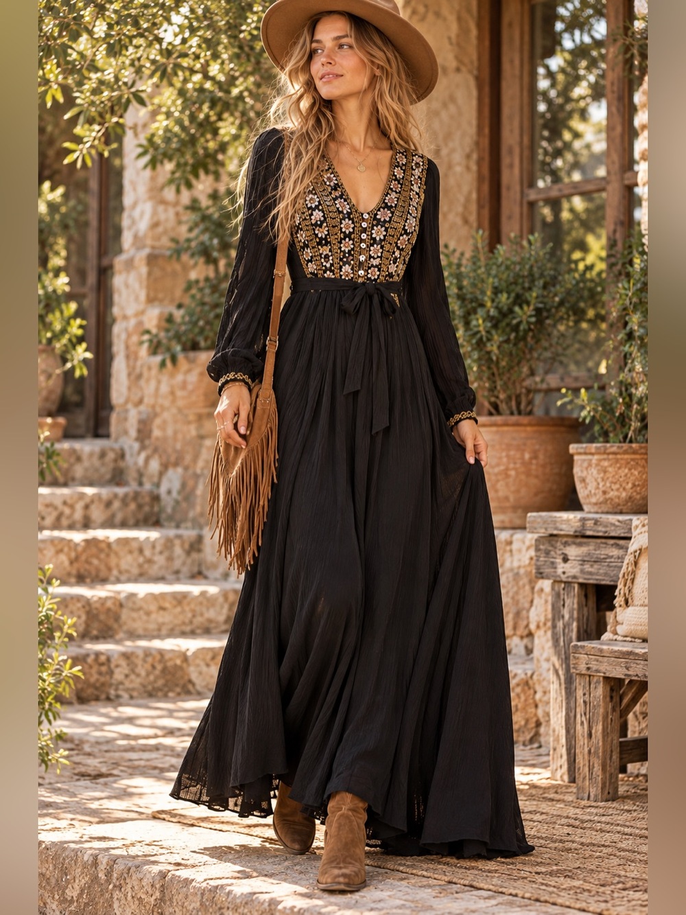 RARE Free People Heart’s Desire Embroidered Maxi Dress Black Gold XS Boho Fall
